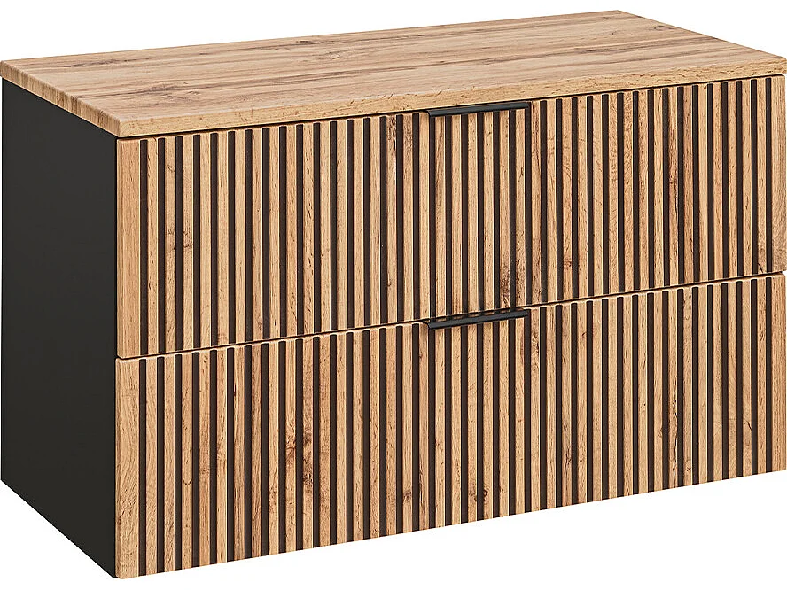 Ensemble meuble simple vasque 100cm miroir LED colonne et 3 armoires murales Gaia Bois et Noir - Vasque Noir