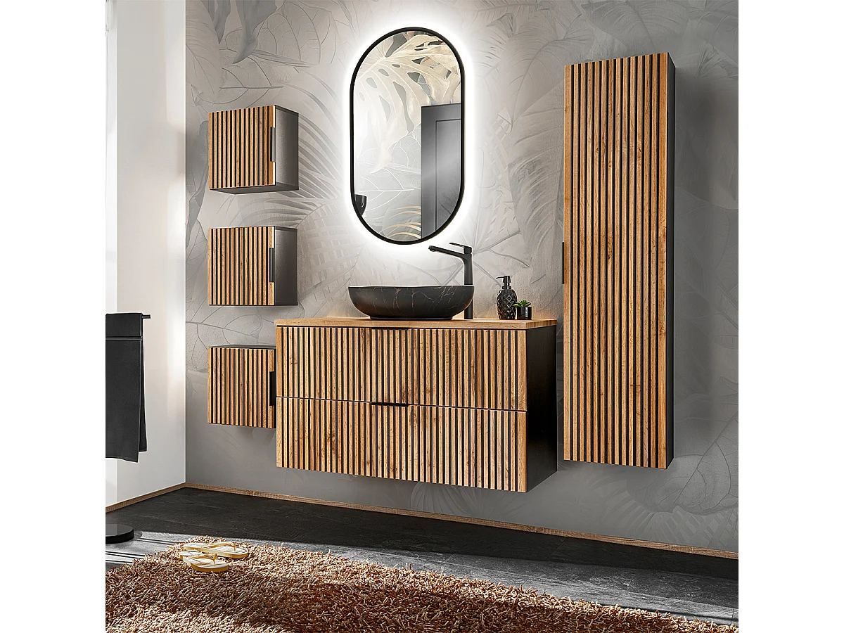 Mobiletto singolo da 100 cm con specchio LED e 3 pensili Gaia legno e nero