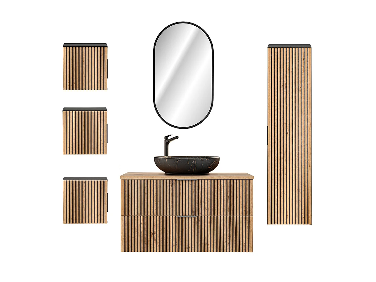 Conjunto móvel lavatório simples 100cm espelho LED coluna e 3 armários de parede Gaia Madeira e Preto Lavatório Preto