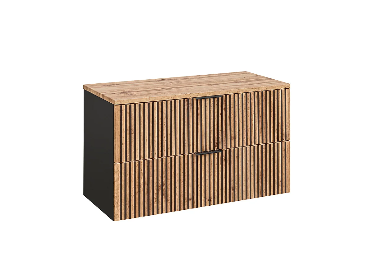 Conjunto móvel lavatório simples 100cm espelho LED coluna e 3 armários de parede Gaia Madeira e Preto Lavatório Preto
