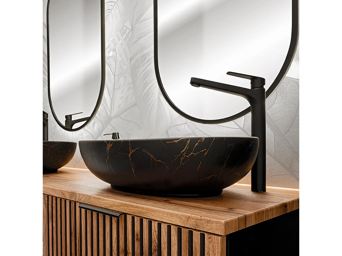 Conjunto móvel lavatório simples 100cm espelho LED coluna e 3 armários de parede Gaia Madeira e Preto Lavatório Preto