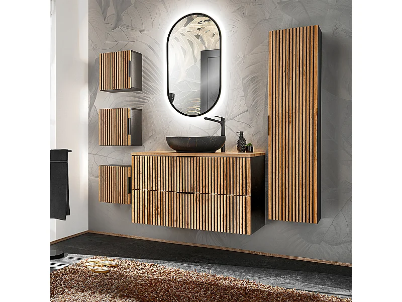 Ensemble meuble simple vasque 100cm miroir LED colonne et 3 armoires murales Gaia Bois et Noir - Vasque Noir