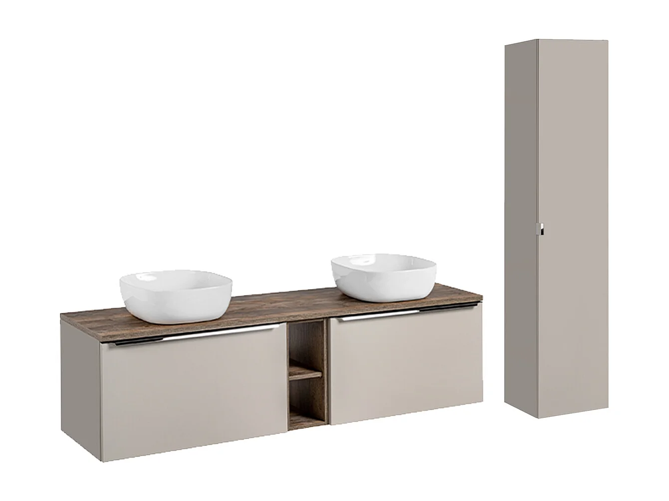 180cm dubbele wastafel met 2 nissen en Éros Taupe voetstuk