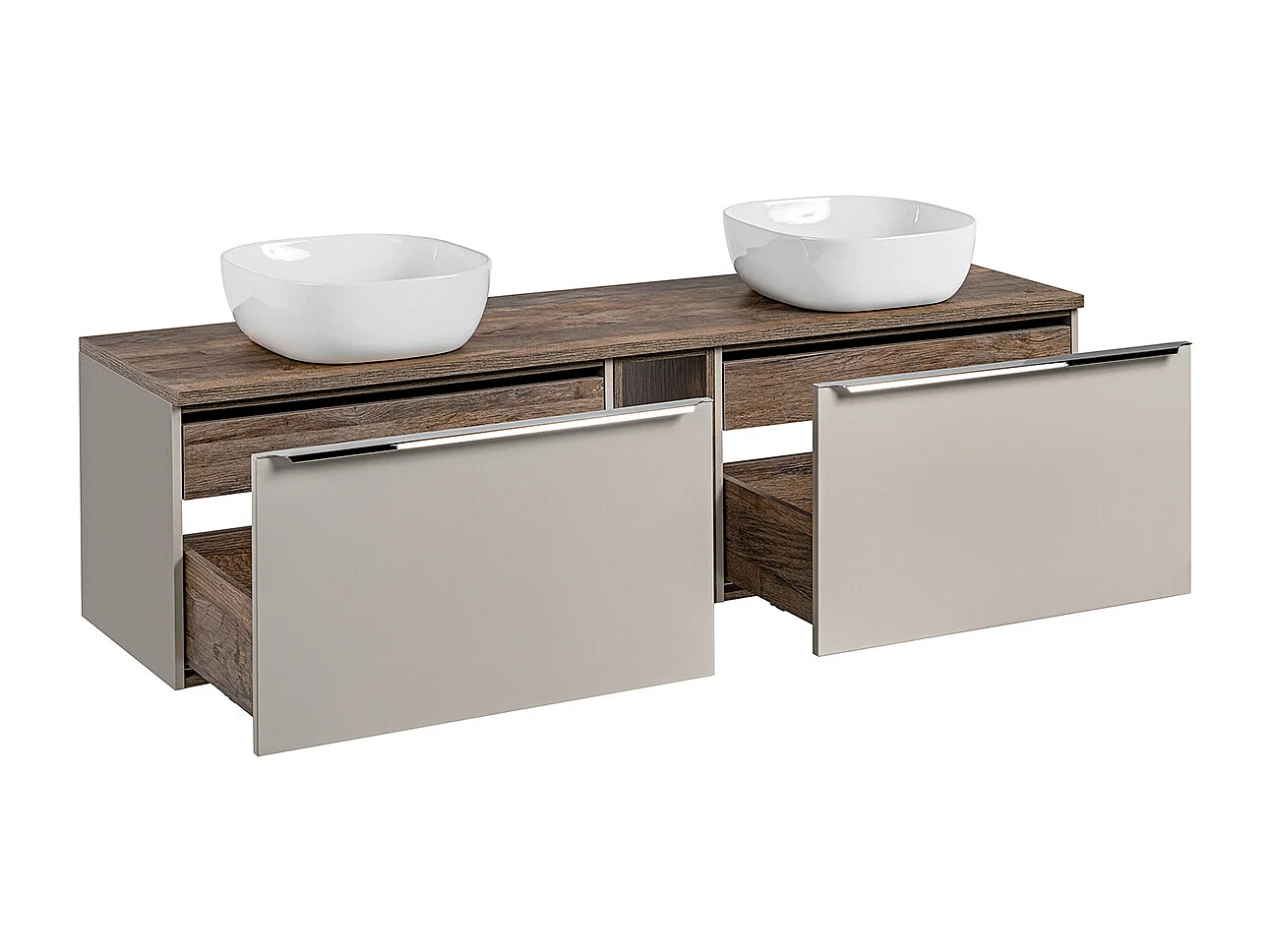 180cm dubbele wastafel met 2 nissen en Éros Taupe voetstuk