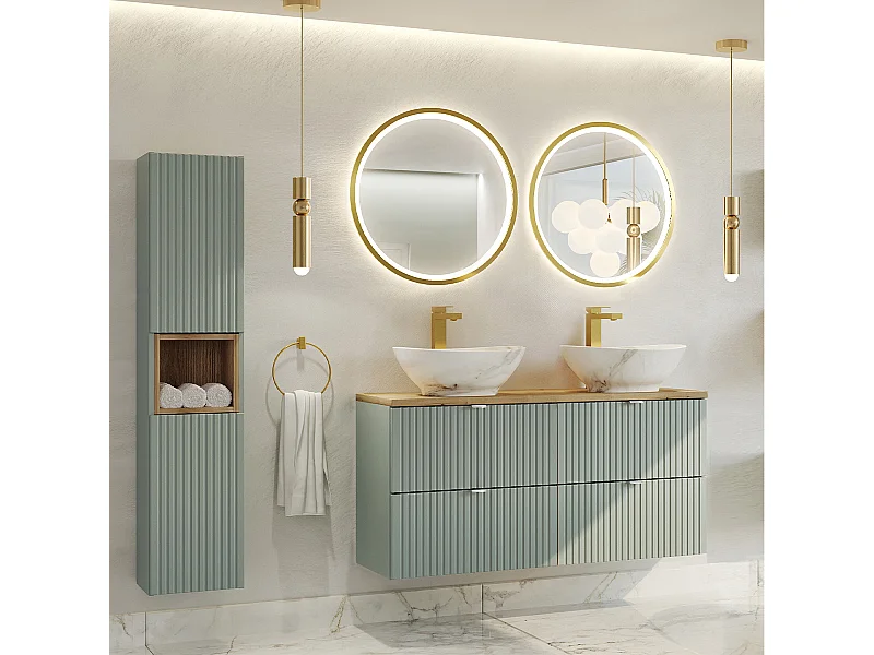 Ensemble meuble double vasque 120cm 4 tiroirs miroirs LED et colonne Jade Vert et Bois
