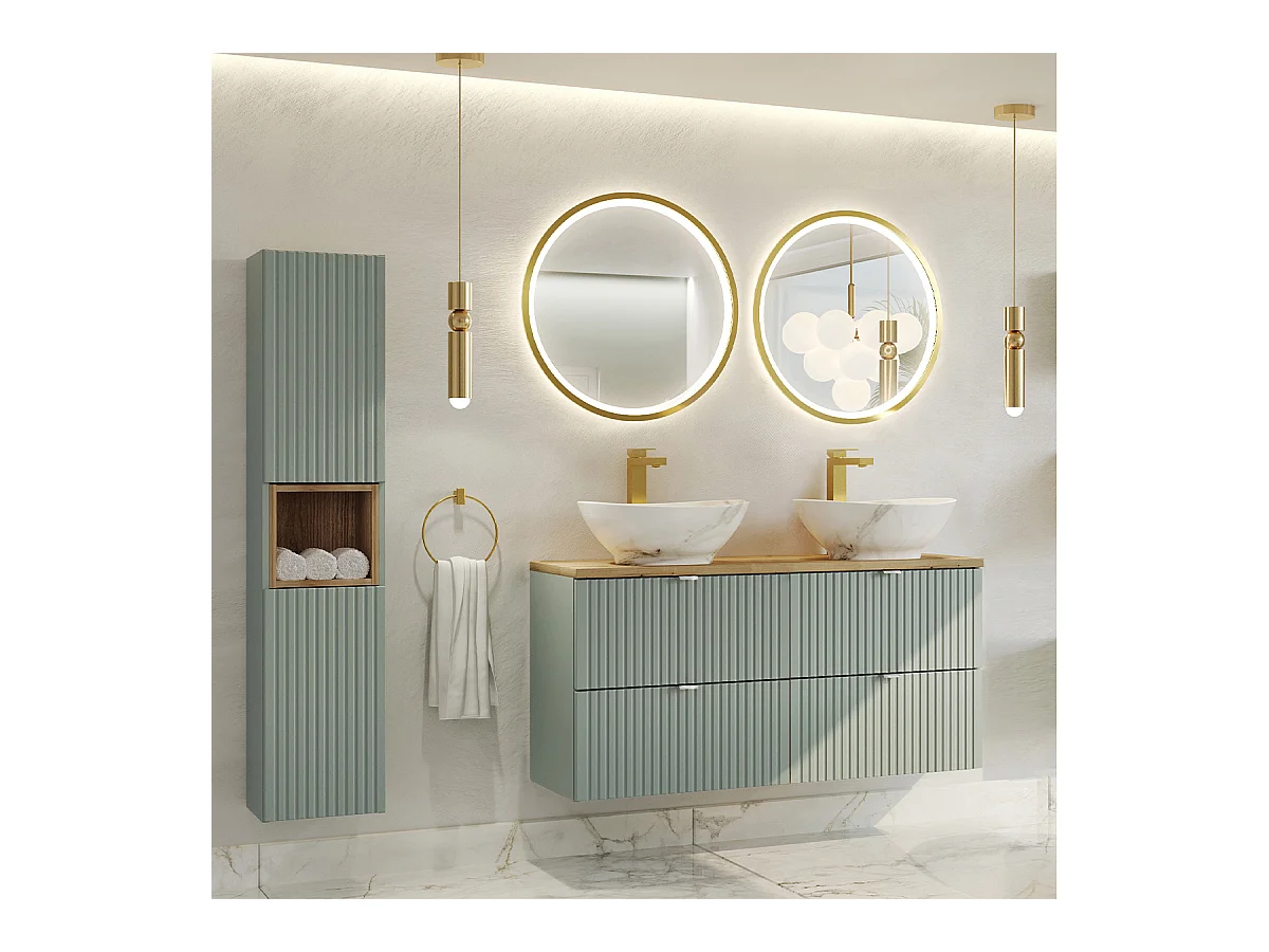 Ensemble meuble double vasque 120cm 4 tiroirs miroirs LED et colonne Jade Vert et Bois