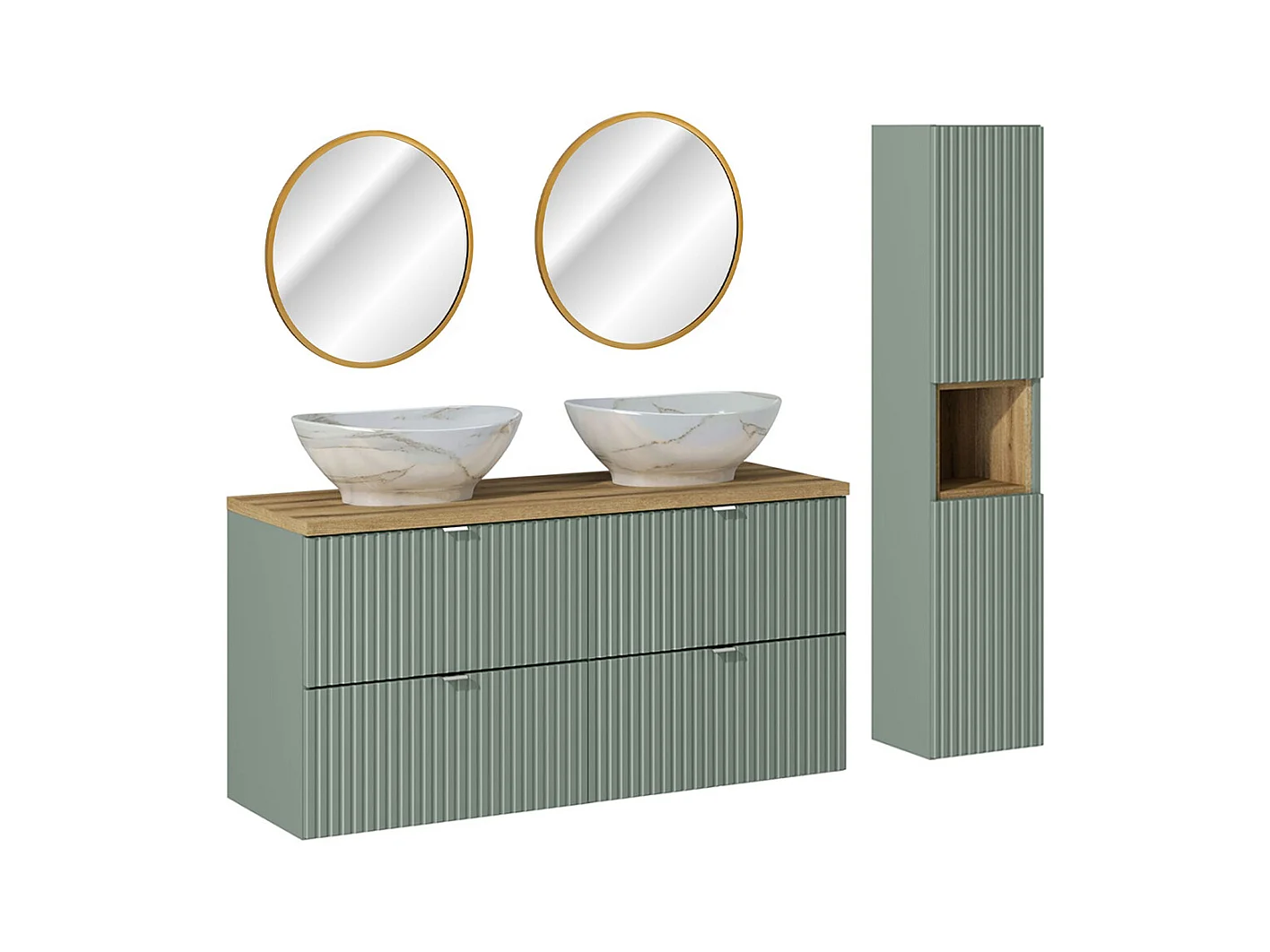 Ensemble meuble double vasque 120cm 4 tiroirs miroirs LED et colonne Jade Vert et Bois