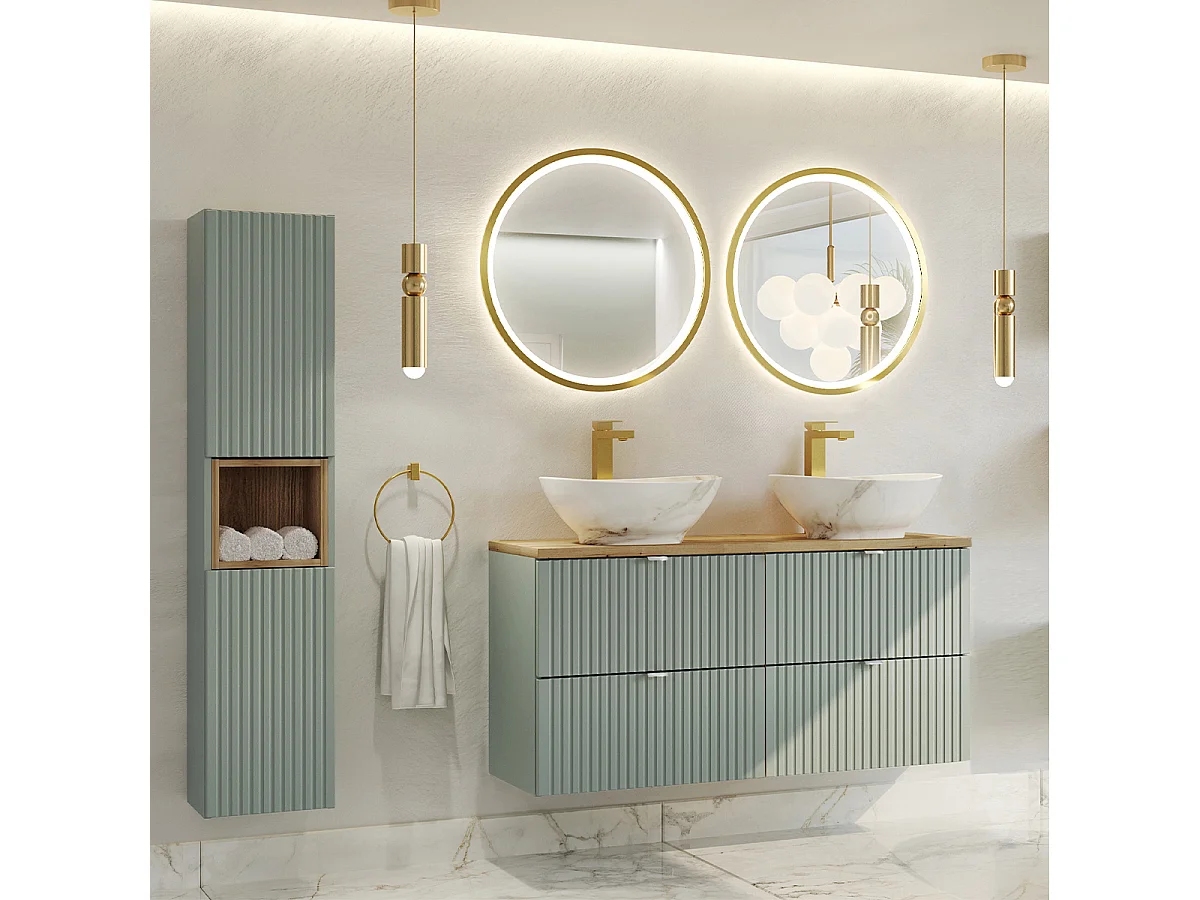 Ensemble meuble double vasque 120cm 4 tiroirs miroirs LED et colonne Jade Vert et Bois
