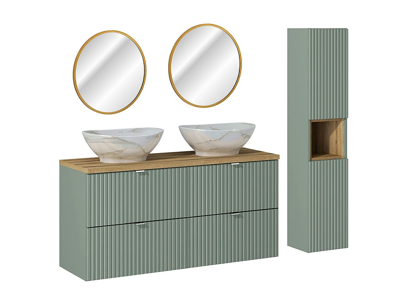 Ensemble meuble double vasque 120cm 4 tiroirs miroirs LED et colonne Jade Vert et Bois
