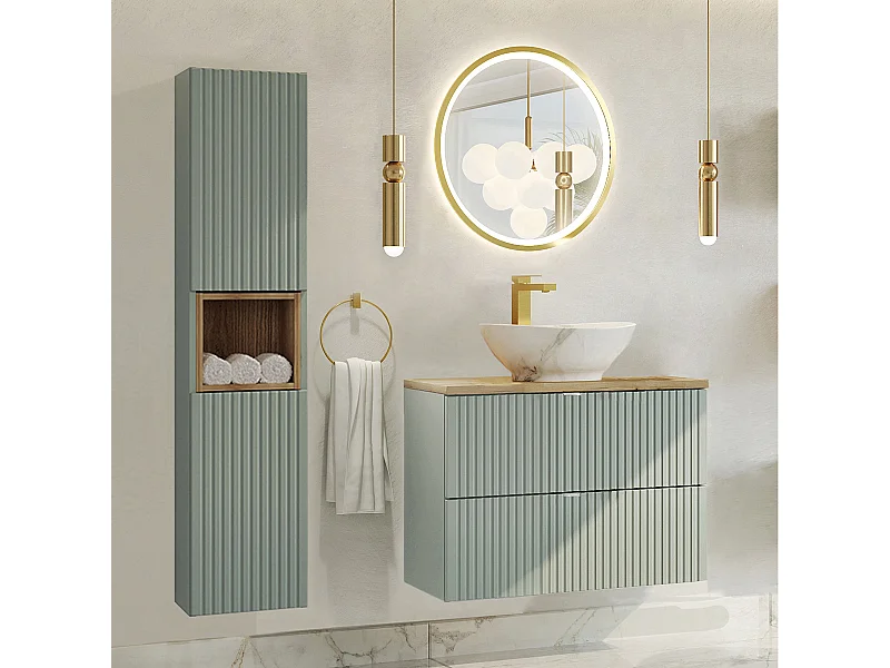 Ensemble meuble simple vasque 80cm 2 tiroirs miroir LED et colonne Jade Vert et Bois