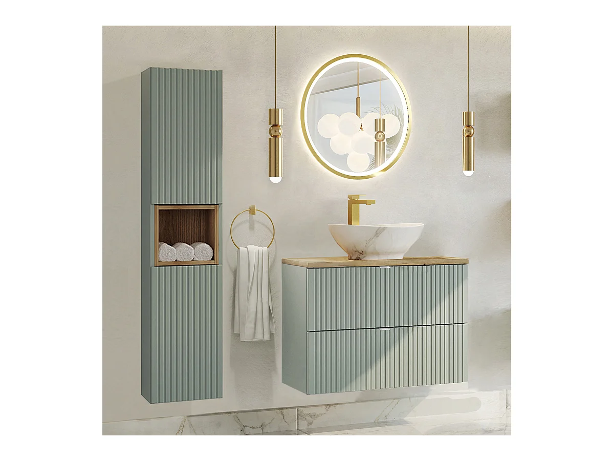 Ensemble meuble simple vasque 80cm 2 tiroirs miroir LED et colonne Jade Vert et Bois