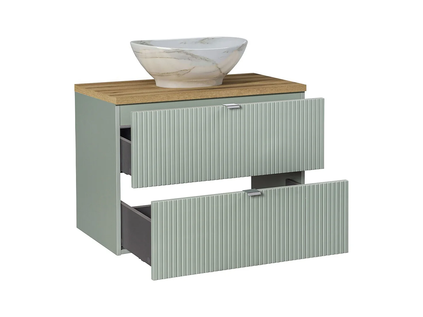 Ensemble meuble simple vasque 80cm 2 tiroirs miroir LED et colonne Jade Vert et Bois