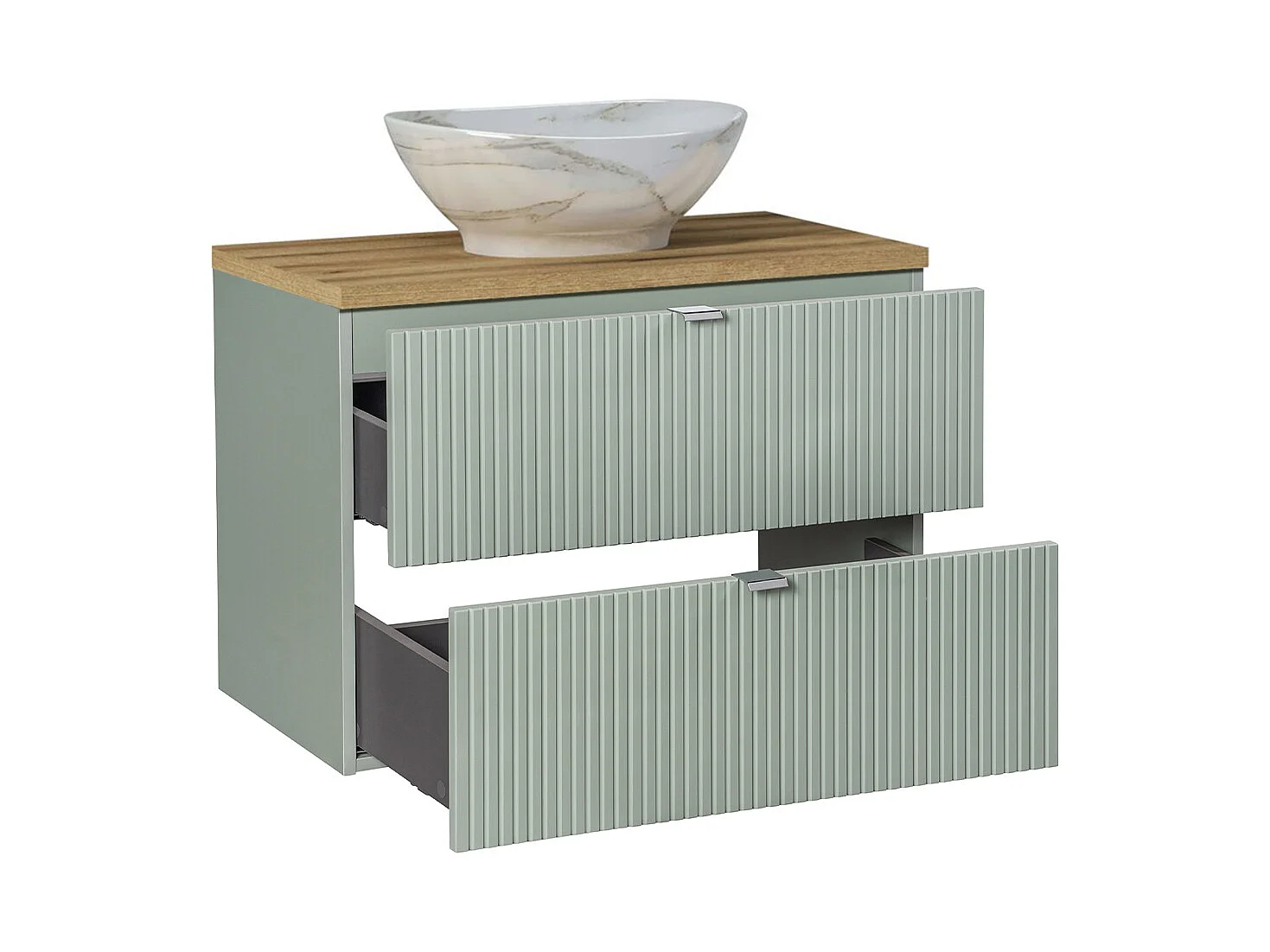 Ensemble meuble simple vasque 80cm 2 tiroirs miroir LED et colonne Jade Vert et Bois