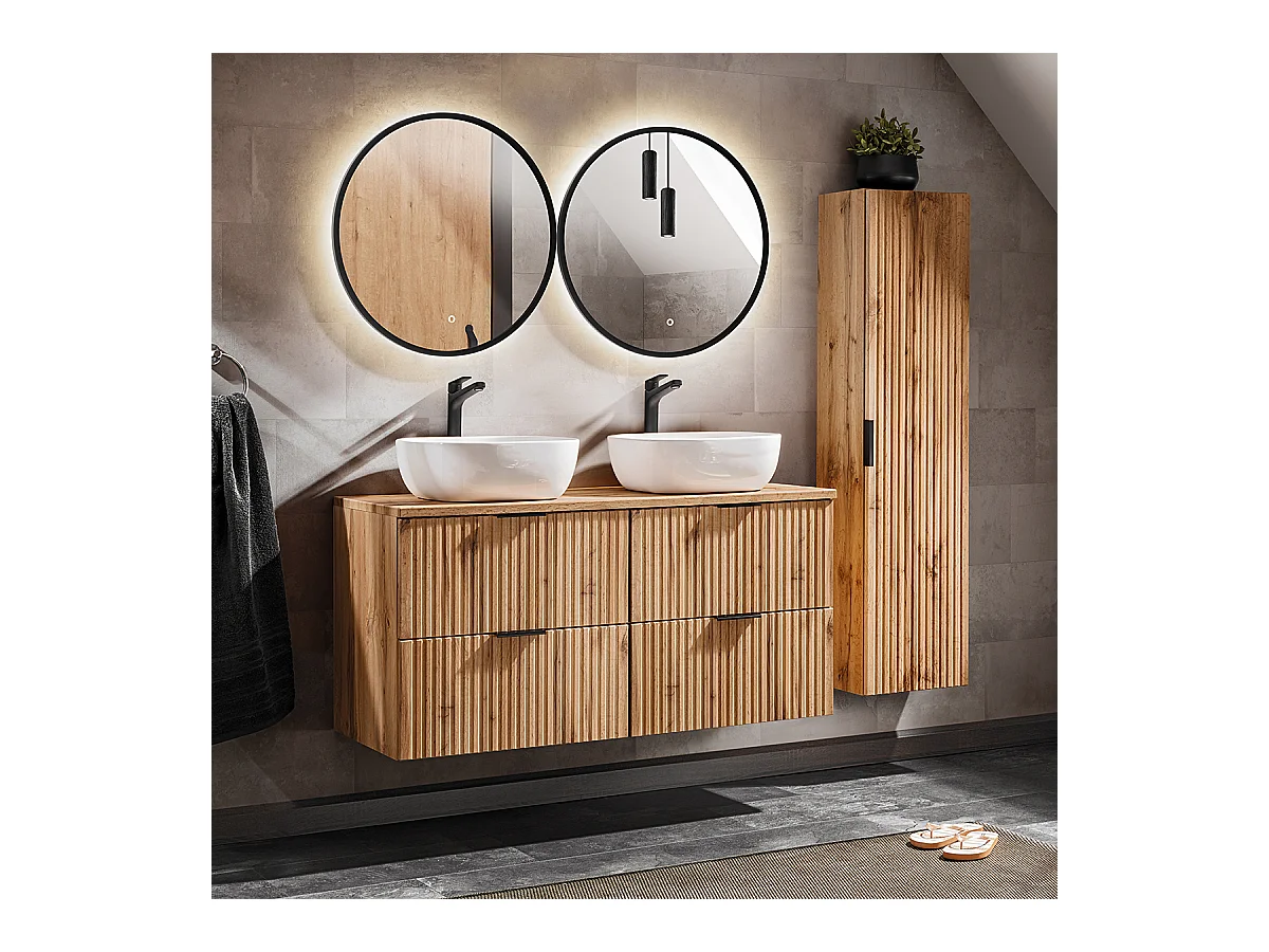Ensemble meuble double vasque 120cm miroirs LED et colonne Adriel Bois