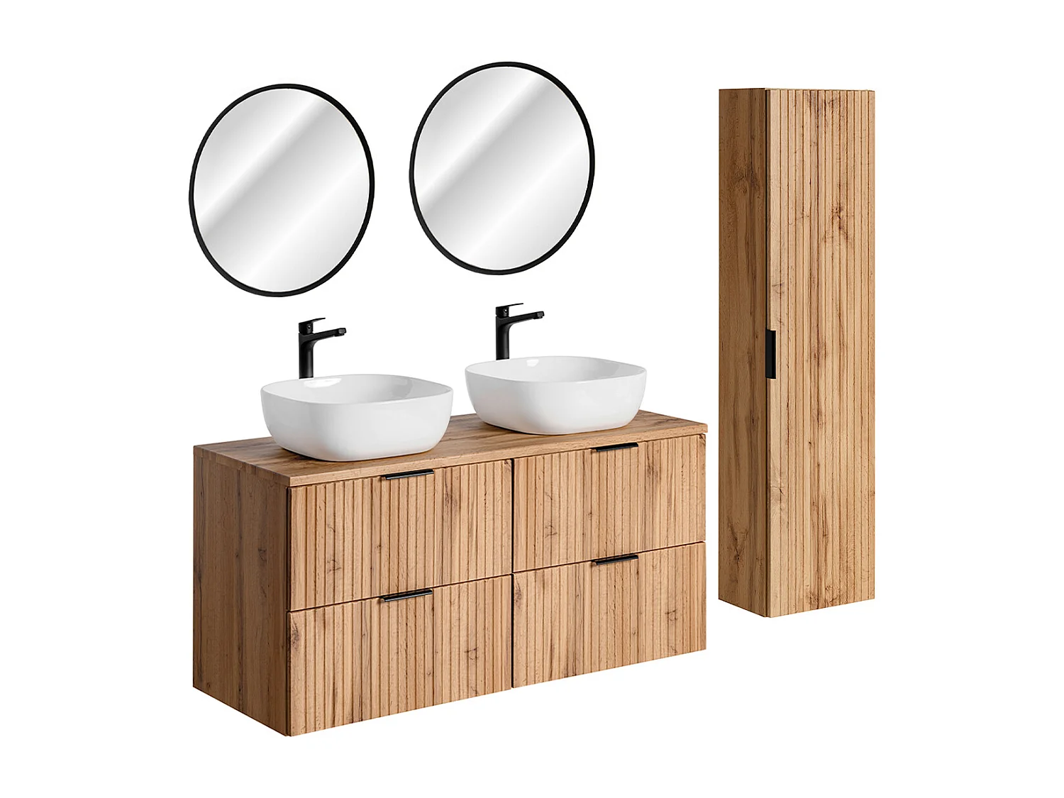 Mobile lavabo doppio da 120 cm con specchi a LED e mobiletto in legno Adriel
