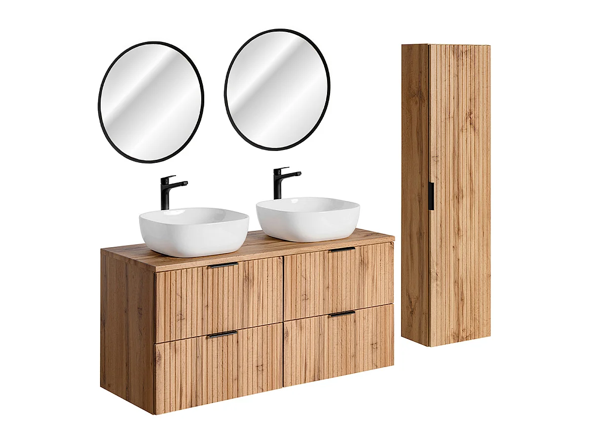 Ensemble meuble double vasque 120cm miroirs LED et colonne Adriel Bois