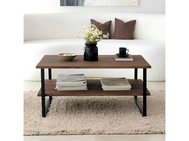 Table basse avec rangement - bois foncé et métal OTRENTO