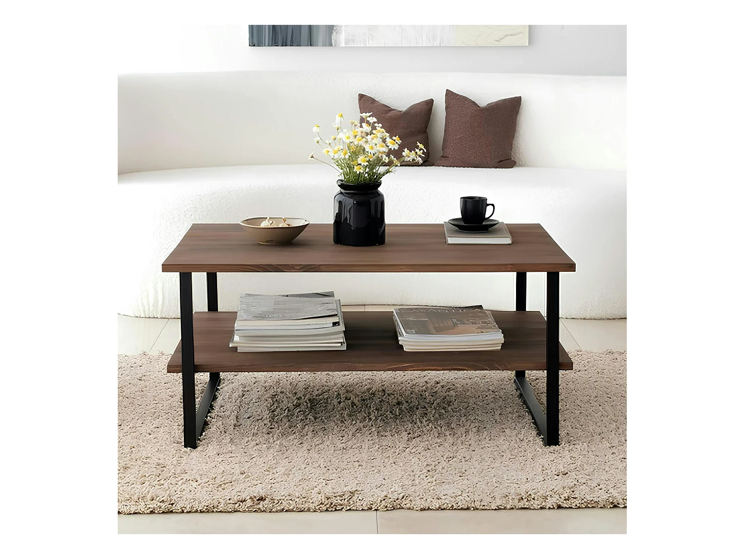 Table basse avec rangement - bois foncé et métal OTRENTO