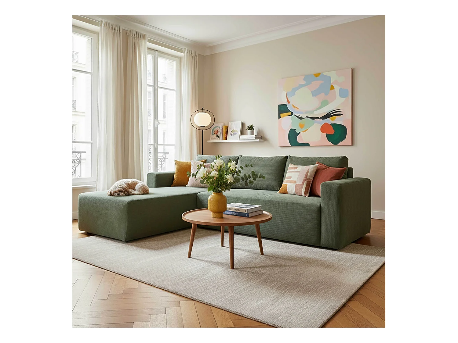 Canapé d'angle 4 places en tissu côtelé avec méridienne gauche vert