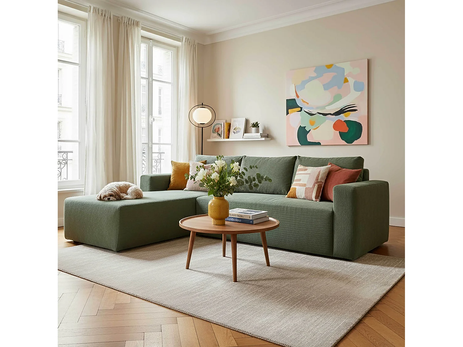 Canapé angle 4 places tissu et méridienne gauche vert L265 cm