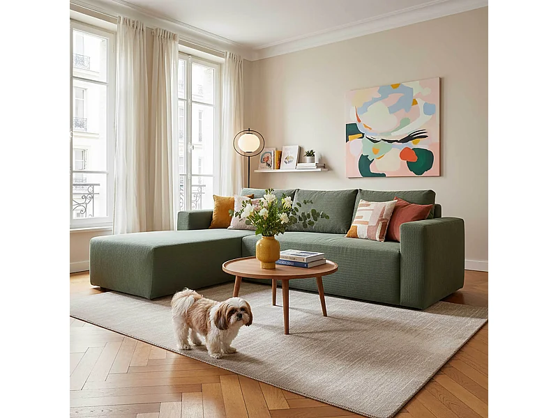 4-zits hoekbank van ribstof met groene chaise longue links L 265 cm