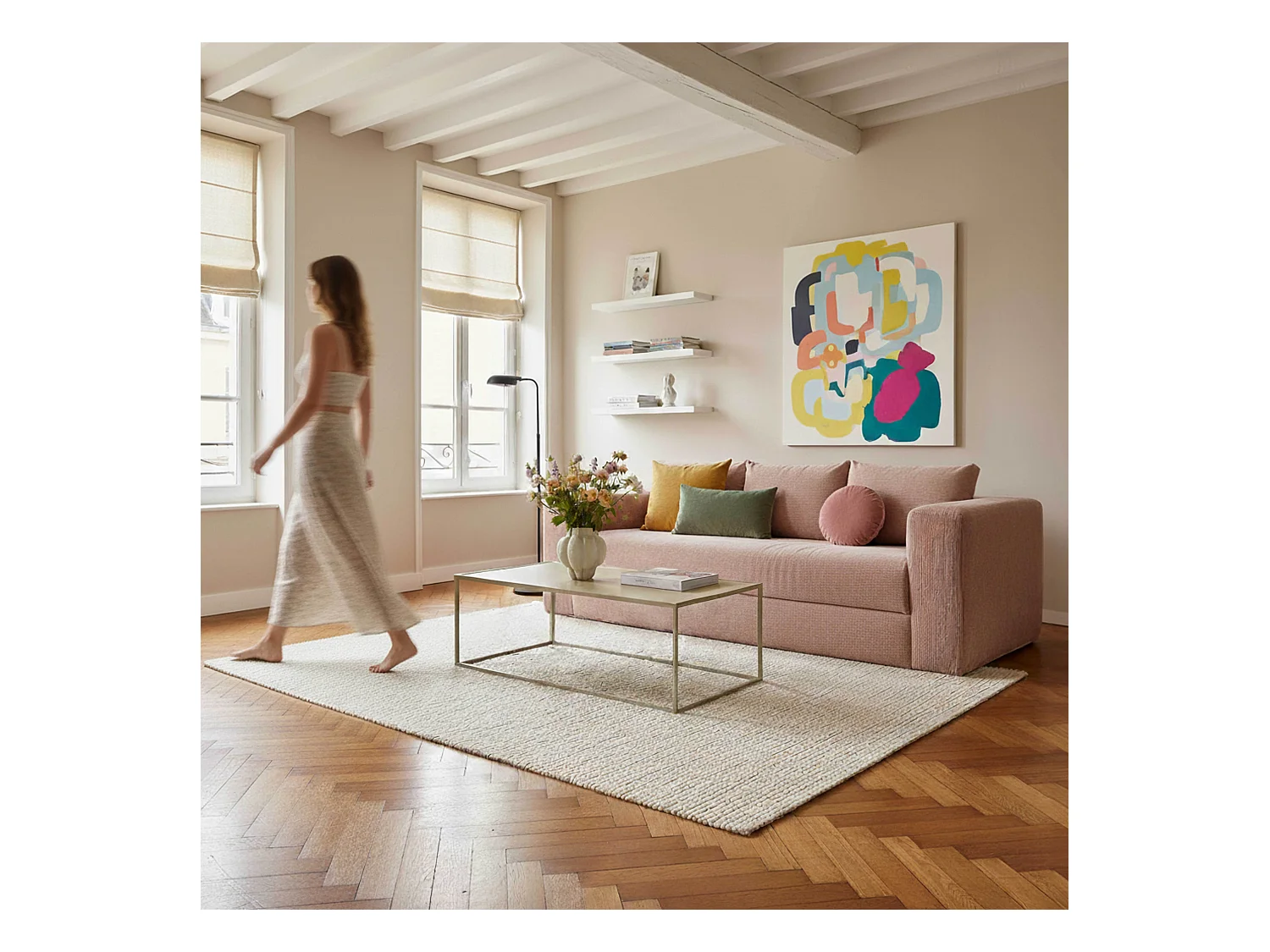 Canapé 3 places en tissu côtelé avec coussins rose