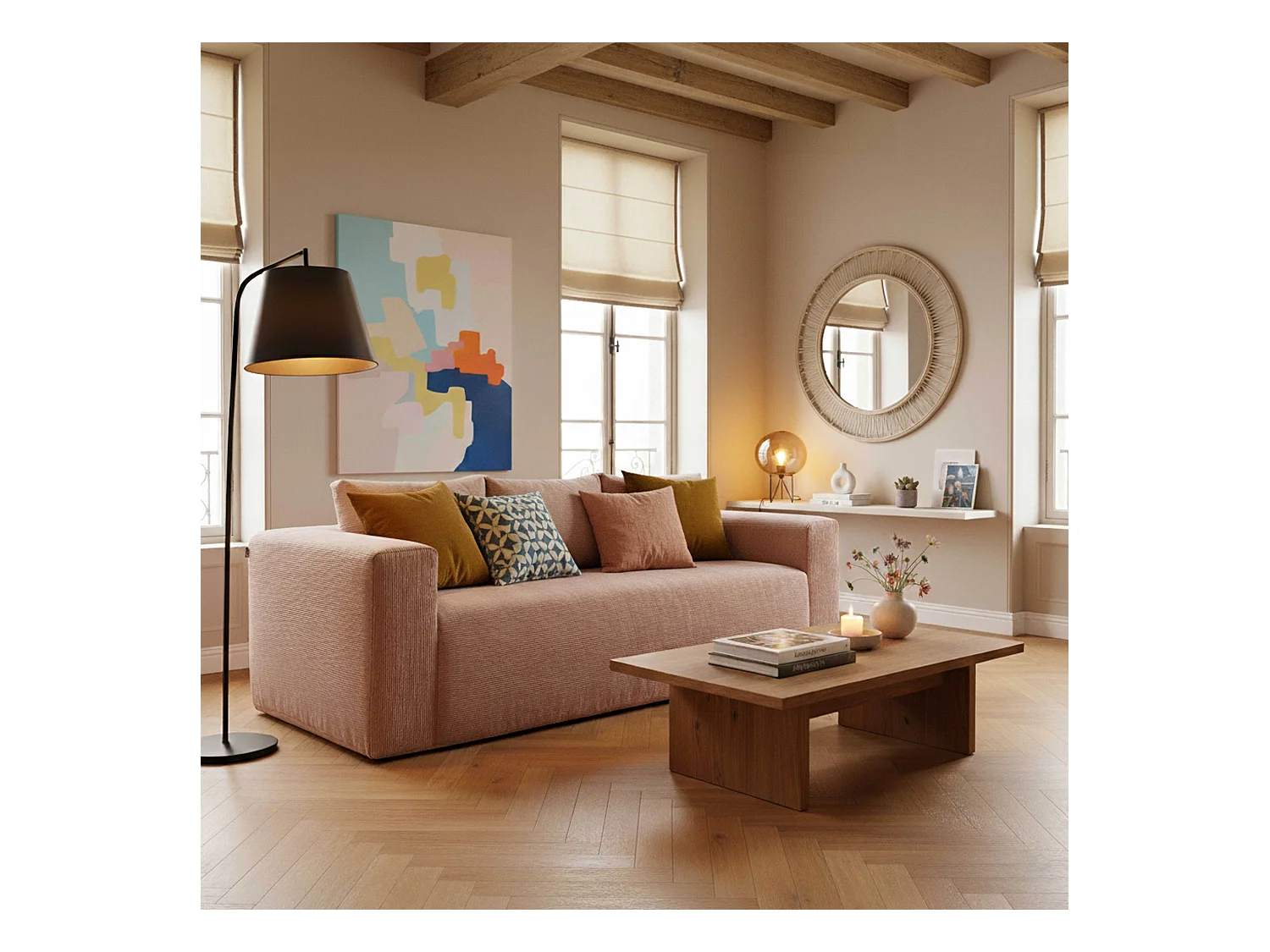 Canapé 3 places en tissu côtelé avec coussins rose