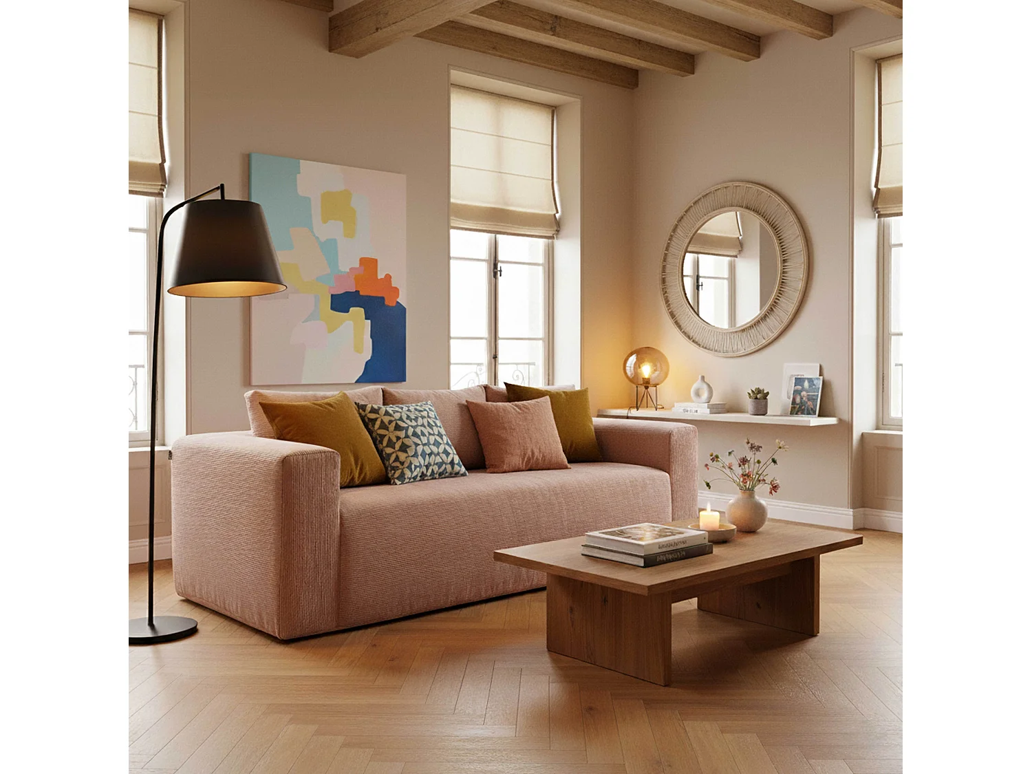 Canapé 3 places en tissu côtelé avec coussins rose