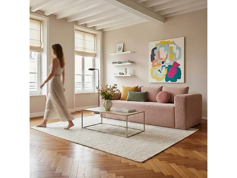 Canapé 3 places en tissu côtelé avec coussins rose L 200 cm