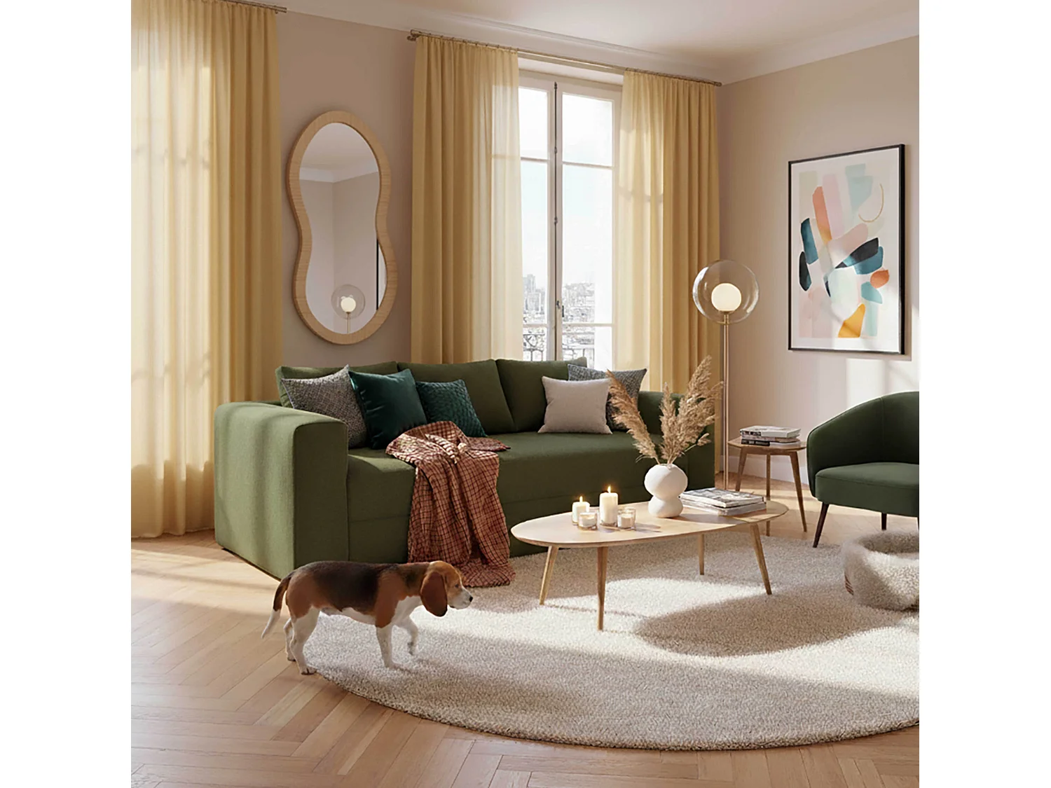 Canapé 3 places en tissu bouclette avec coussins vert L 200 cm