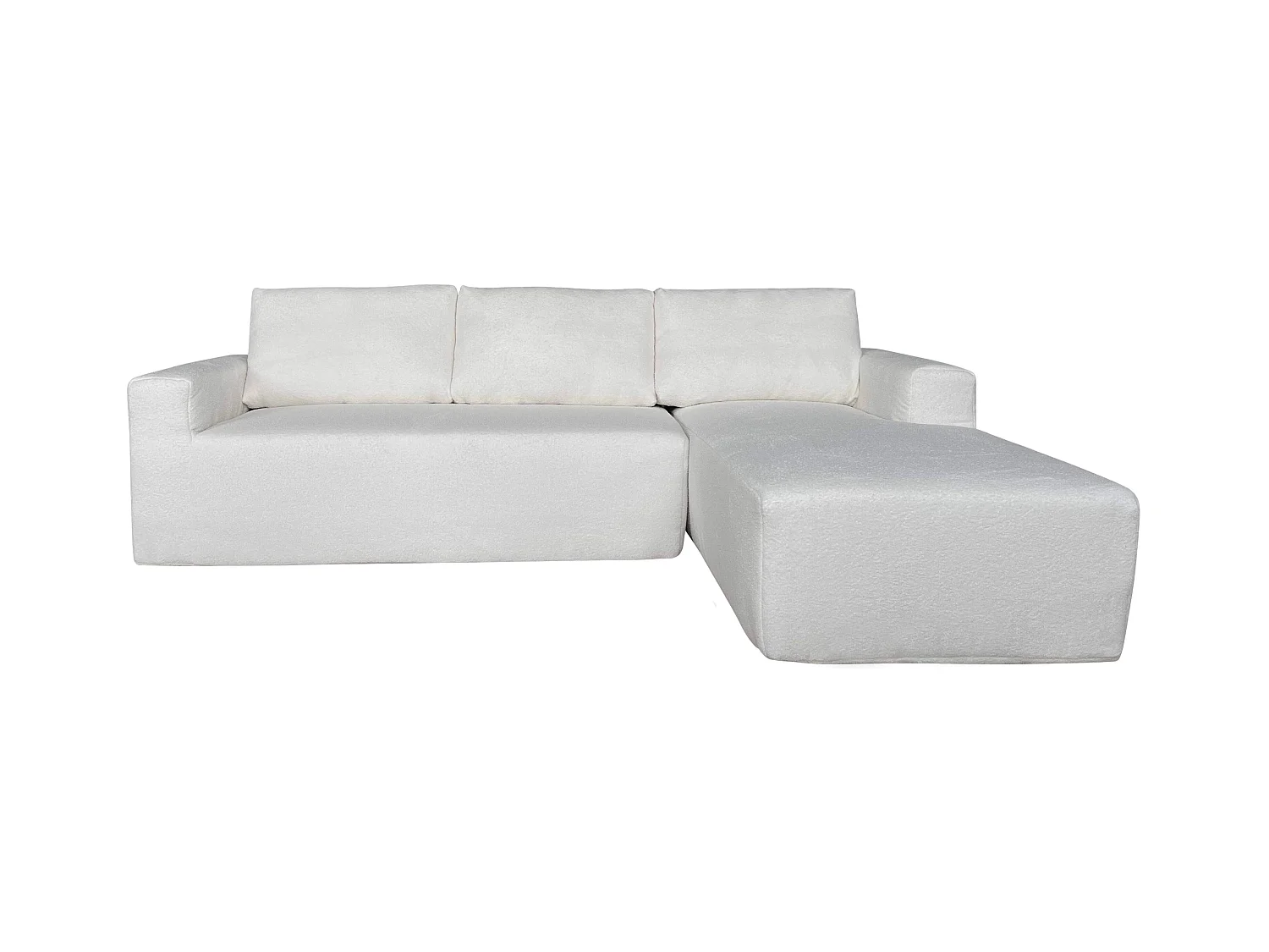 Canapé d'angle droit 4 places en tissu bouclette avec méridienne écru