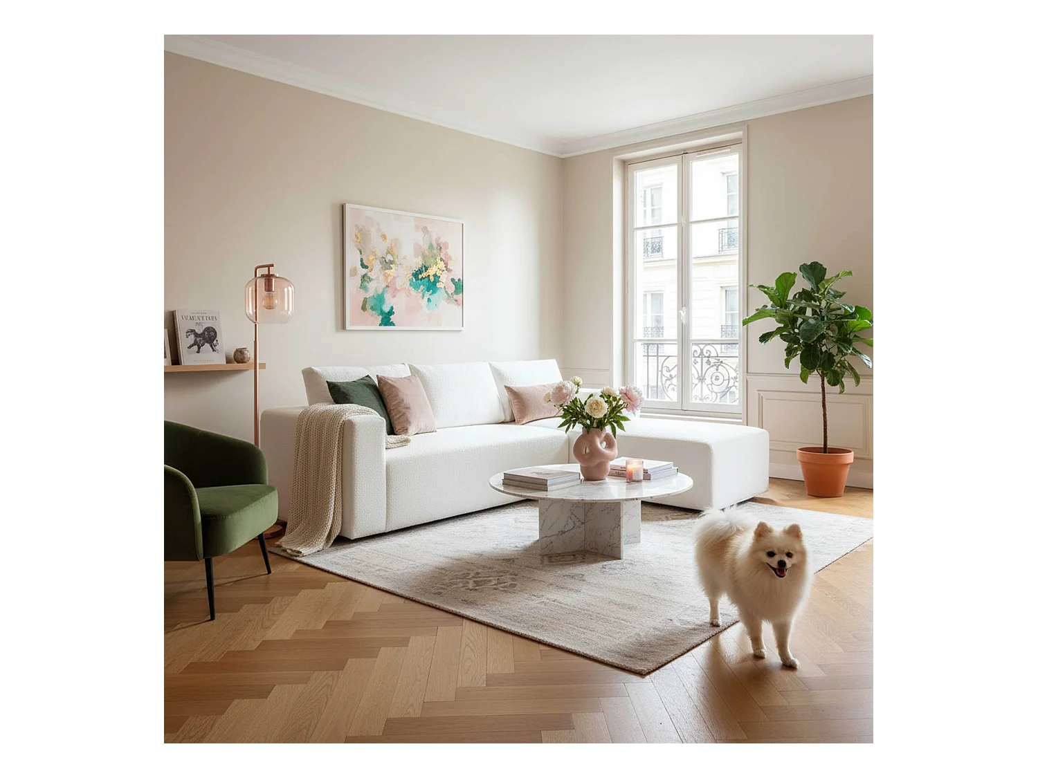 Canapé d'angle droit 4 places en tissu bouclette avec méridienne écru