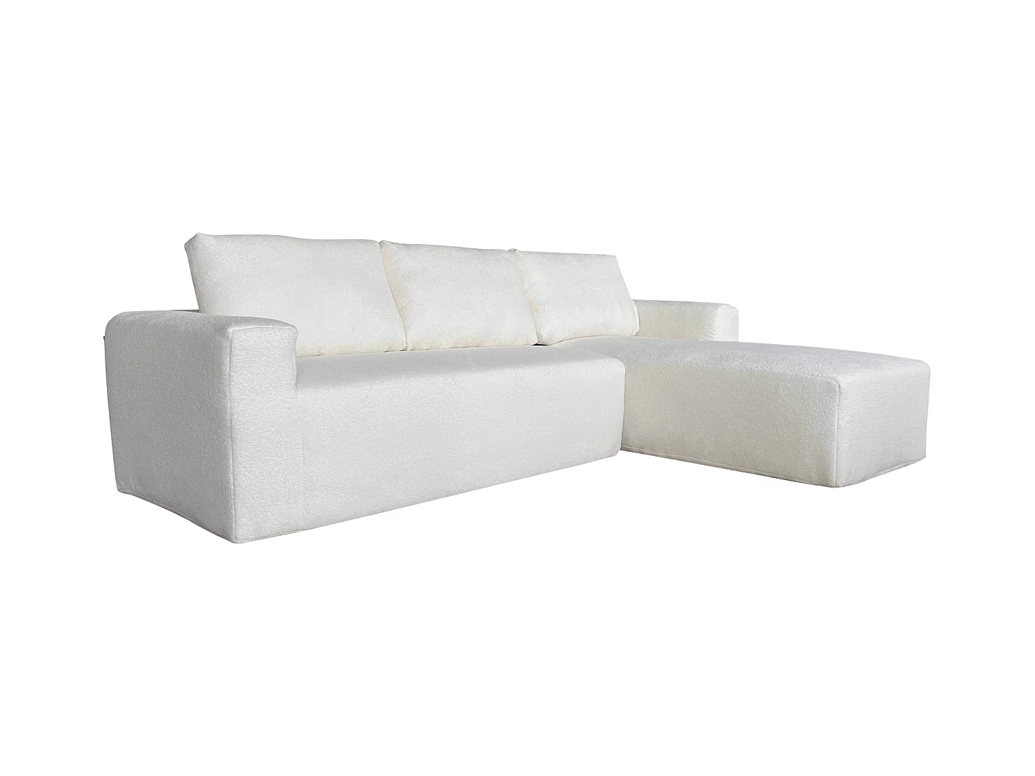 Canapé d'angle 4 places en tissu bouclette avec méridienne écru