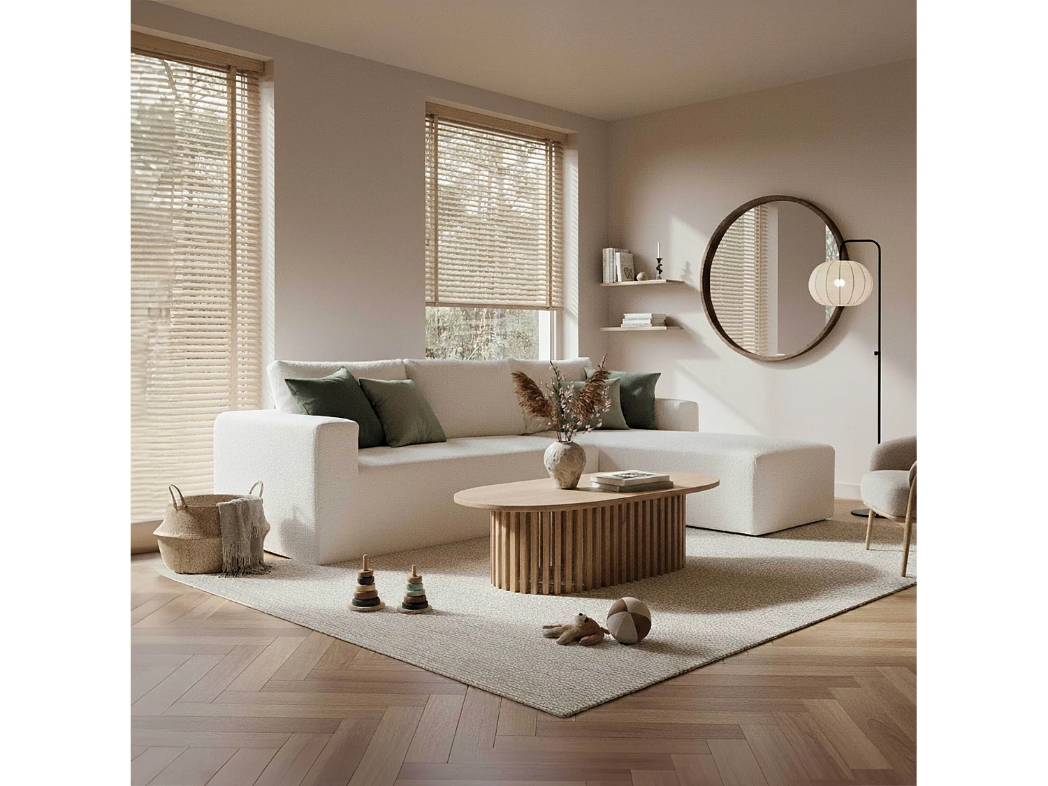 Canapé angle droit 4 places tissu bouclette et méridienne écru L265 cm