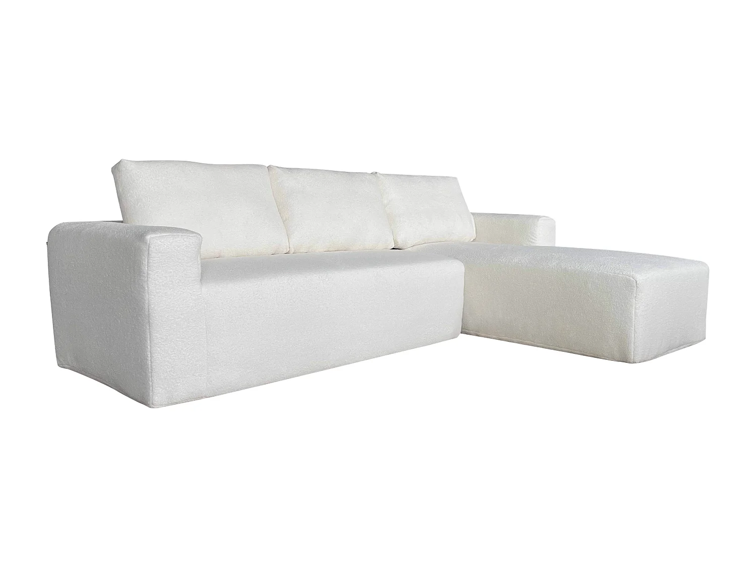 Canapé angle droit 4 places tissu bouclette et méridienne écru L265 cm