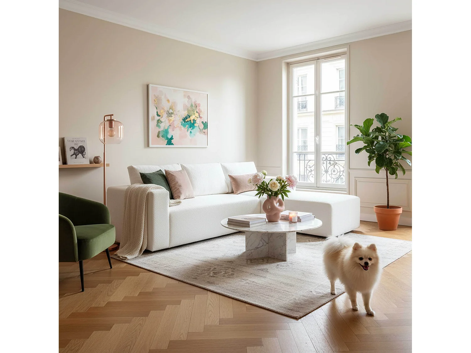 Canapé angle droit 4 places tissu bouclette et méridienne écru L265 cm