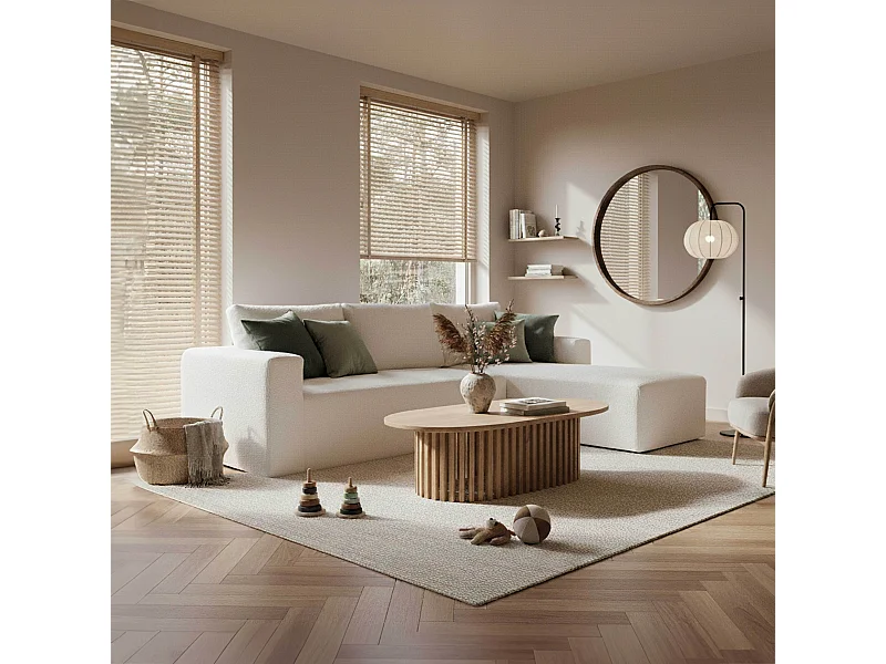 Canapé angle droit 4 places tissu bouclette et méridienne écru L265 cm