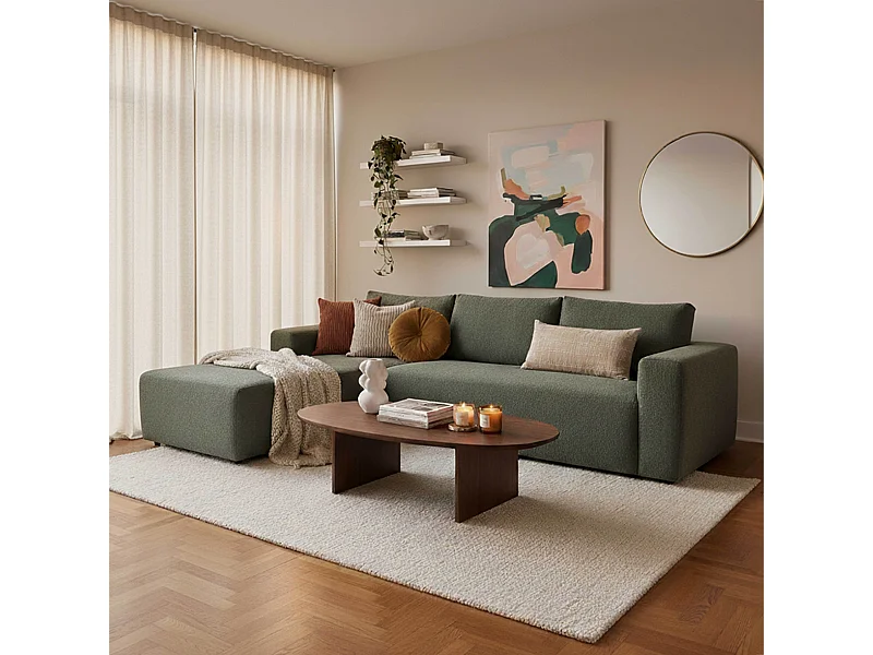 Canapé d'angle 4 places bouclette avec méridienne gauche vert