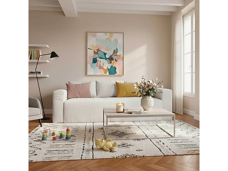 Canapé 3 places en tissu côtelé avec coussins écru L 200 cm