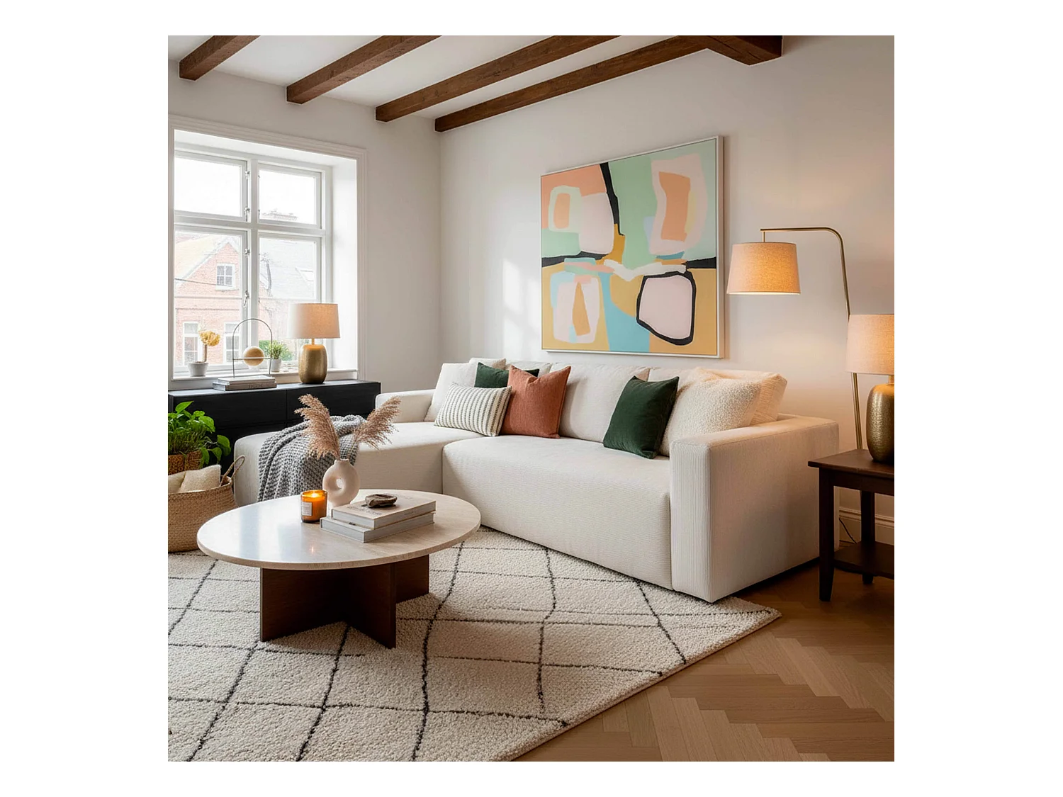 Canapé d'angle 4 places en tissu côtelé avec méridienne gauche écru