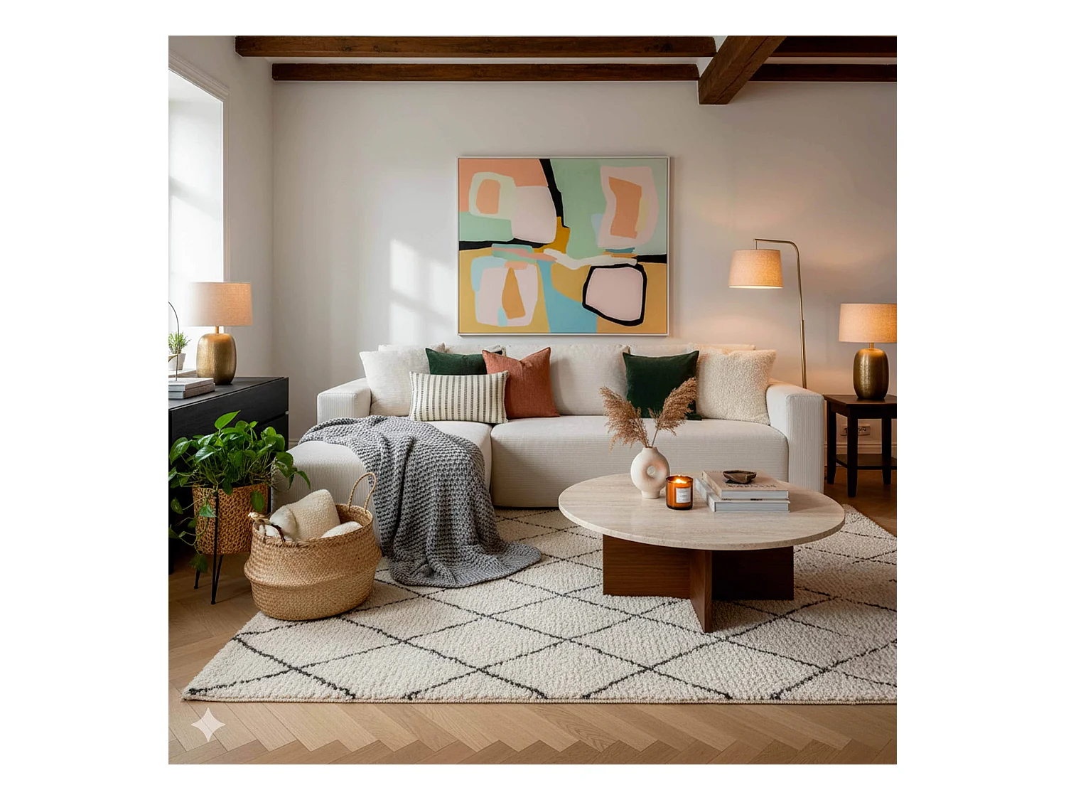 Canapé d'angle 4 places en tissu côtelé avec méridienne gauche écru