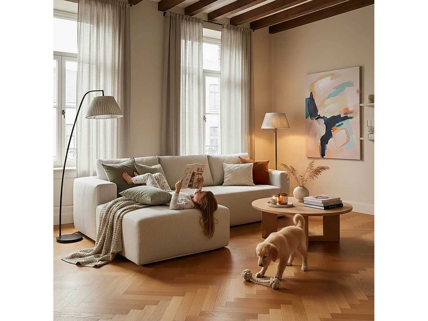 Canapé angle 4 places tissu et méridienne gauche écru L265 cm