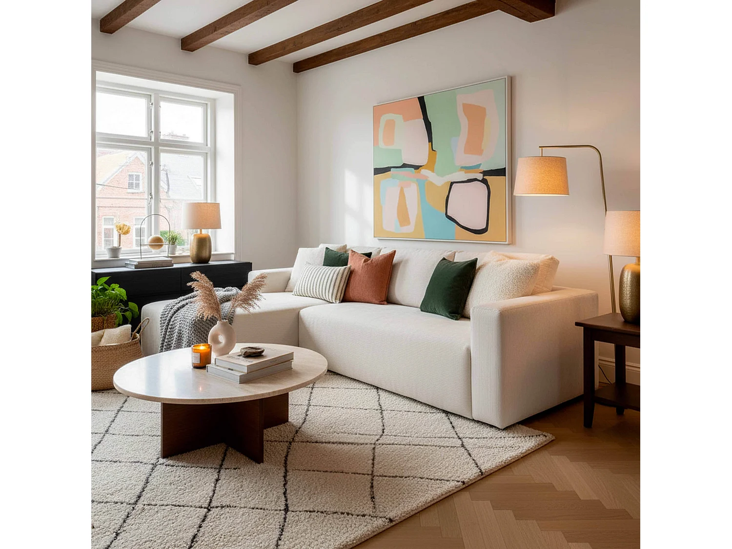 Canapé angle 4 places tissu et méridienne gauche écru L265 cm