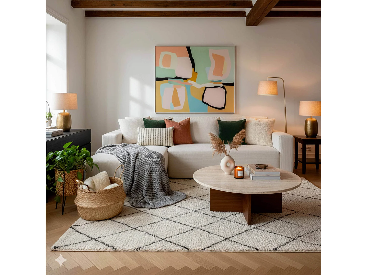 Canapé angle 4 places tissu et méridienne gauche écru L265 cm