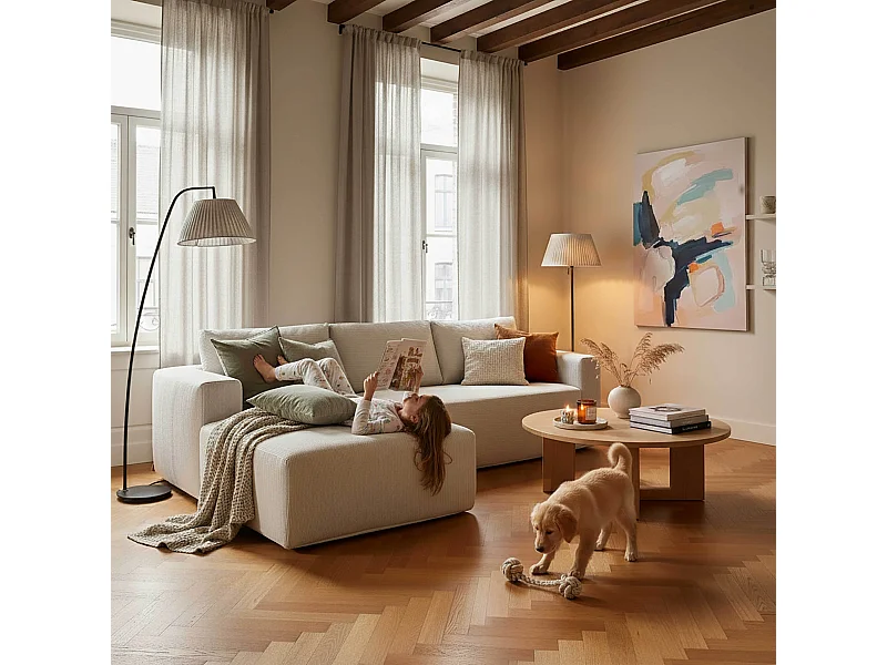 Canapé angle 4 places tissu et méridienne gauche écru L265 cm