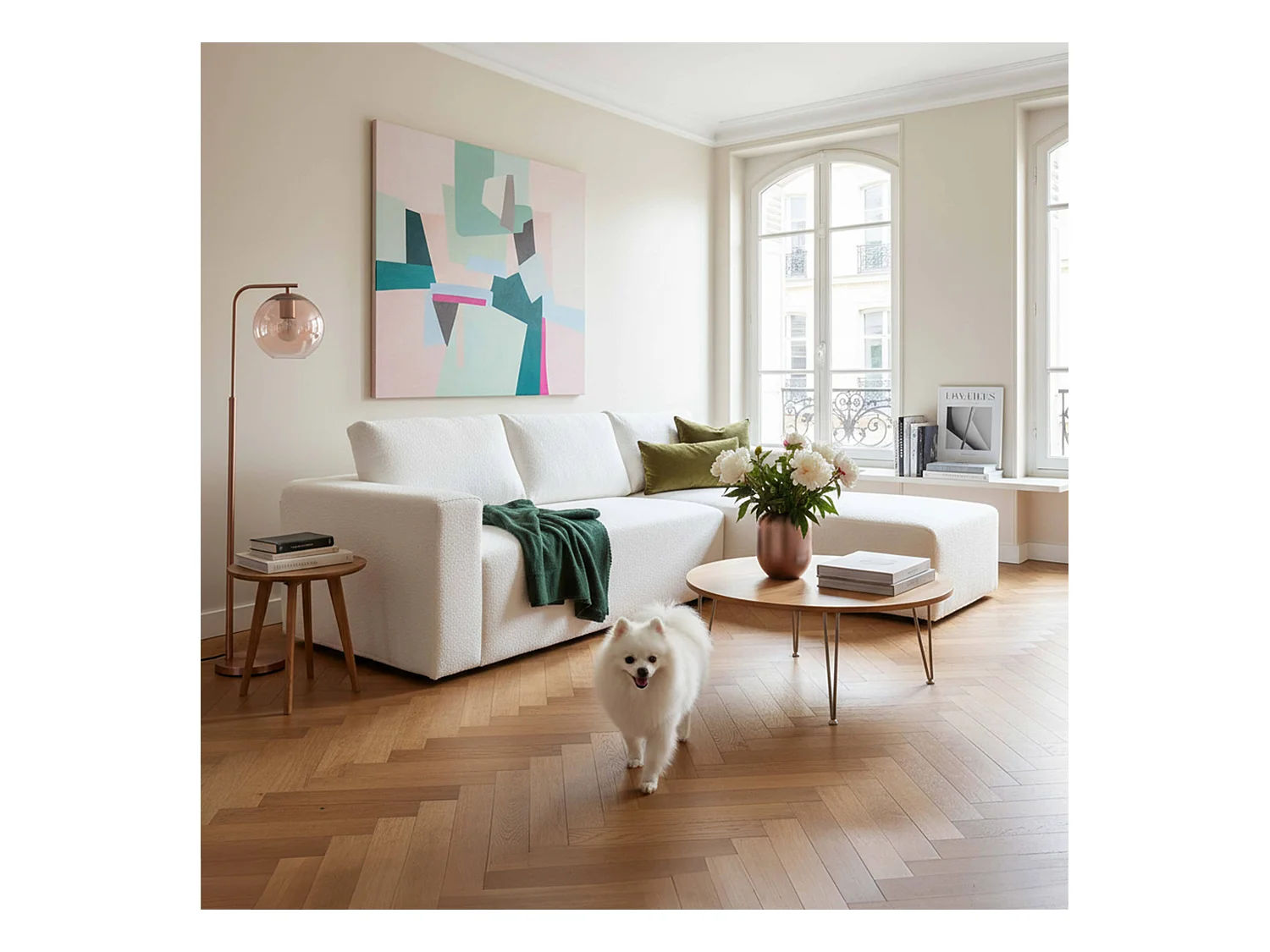 Canapé d'angle 4 places bouclette avec méridienne gauche  écru