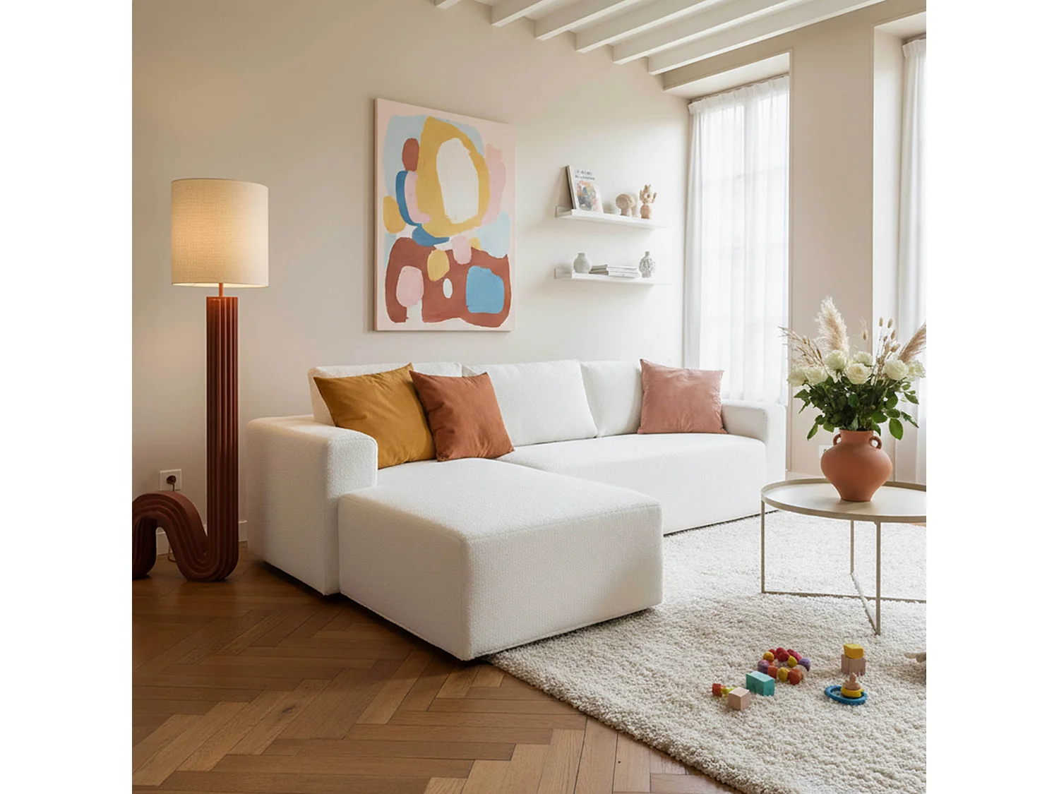 Canapé d'angle 4 places bouclette avec méridienne gauche écru L265 cm