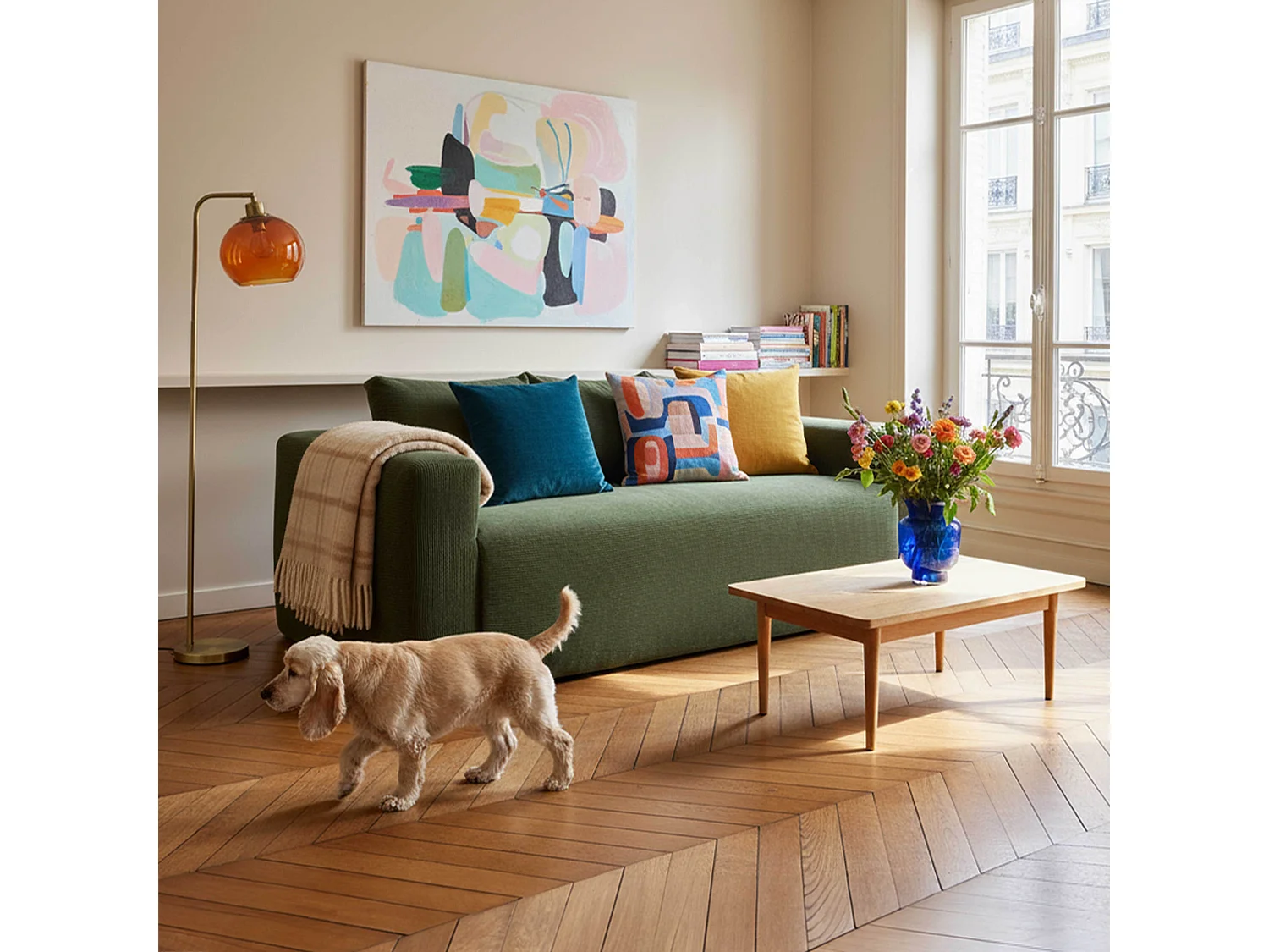 Canapé 3 places en tissu côtelé avec coussins vert