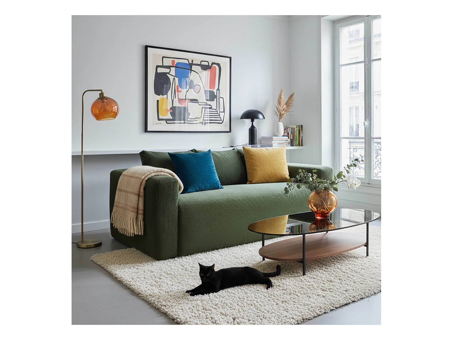 Canapé 3 places en tissu côtelé avec coussins vert