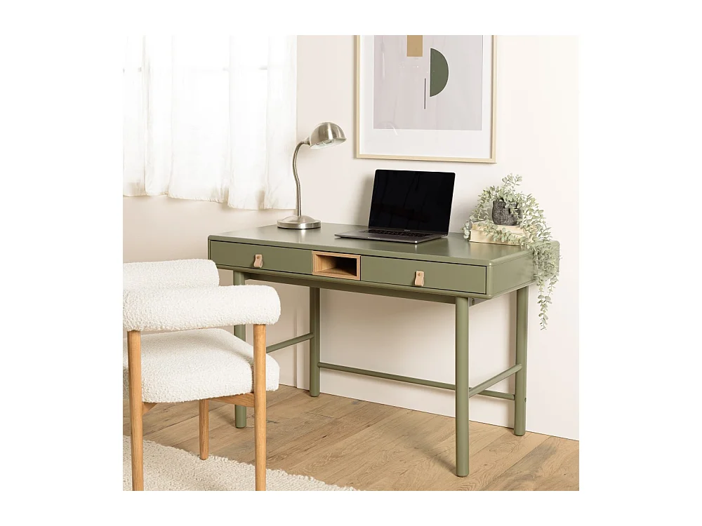ETHAN - Bureau vert 2 tiroirs et 1 niche en bois naturel